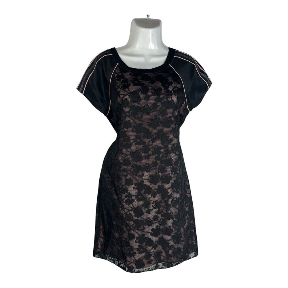 Juicy Couture Size 8 Black Lace Mini Dress Floral Pink Short Sleeve Zip Cocktail